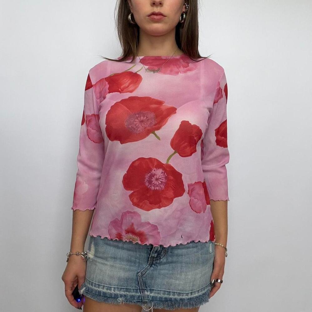 Vintage Moanora Pink Sheer Blouse w/ Red Poppy Print